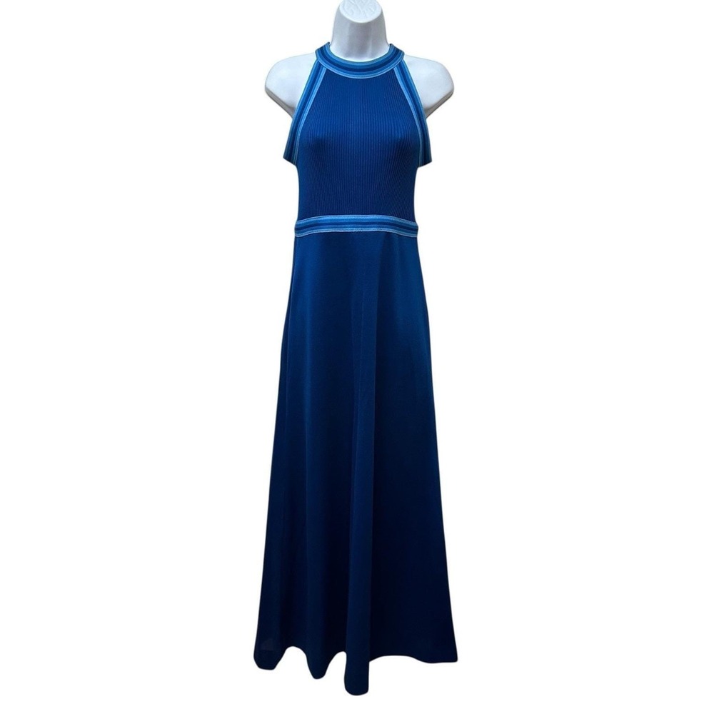 VINTAGE Blue Stretch Knit Nylon MAXI Dress Sleeveless Retro Full Skirt Size S